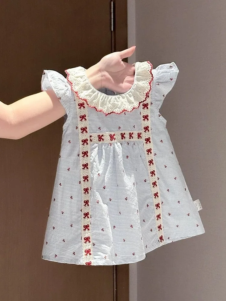 Vestido de Verão Sem Mangas para Meninas com Gola de Boneca e Detalhes em Renda, Vestido para Bebê de Um Ano, Roupas Infantis, Conjunto de Moda Simple