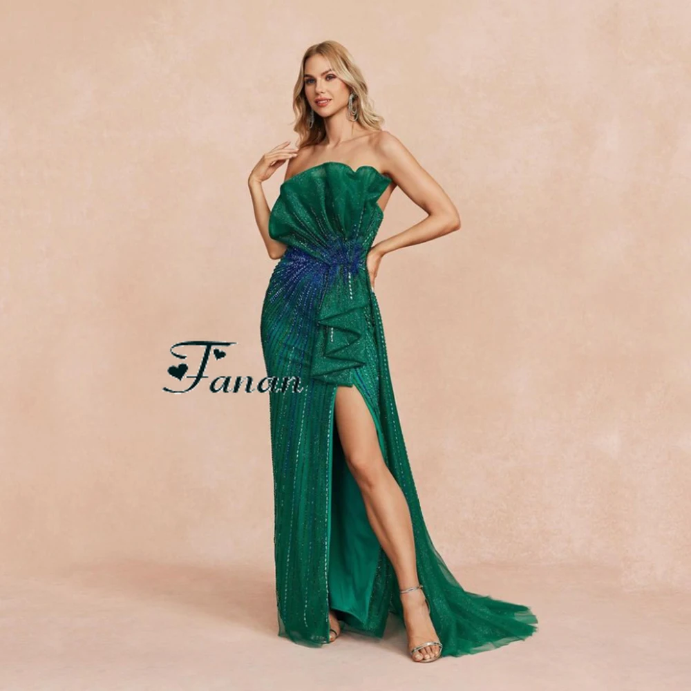 Personalizado verde sem alças sexy sem costas jérsei vestidos de noite lantejoulas e miçangas até o chão dividir sem mangas pageant vestidos