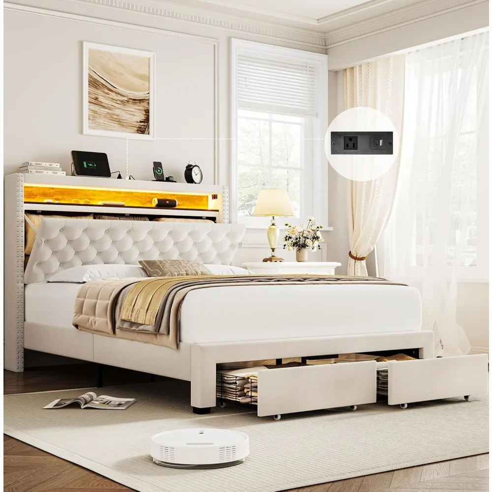 

Queen Size Bed Frame with Storage Headboard and Built-in Charging Station, Velvet Upholstered Platform Bed Frame Queen Size