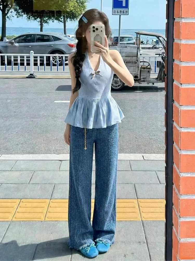 

Blue High Waist Chain Detail Wide Leg Jeans Women's Spring 2026 New Sle Floor Length Pants Ele Chic Frayed Hem