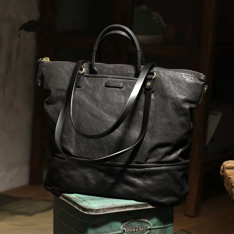 

Outdoor Travel Luxury Genuine Leather Men's Black Large-capacity Tote Bag Casual Designer Real Cowhide Women's Work Handbag