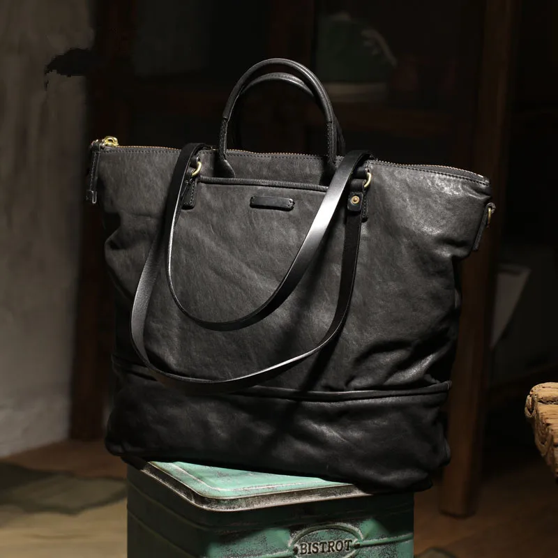 Outdoor Travel Luxury Genuine Leather Men's Black Large-capacity Tote Bag Casual Designer Real Cowhide Women's Work Handbag