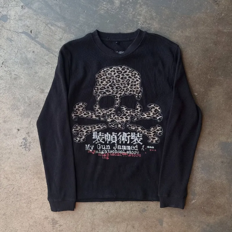 

Новый готический панк Harajuku леопардовый череп графический топ мужская модная повседневная уличная одежда хип-хоп хлопковая футболка с круглым вырезом и длинным рукавом