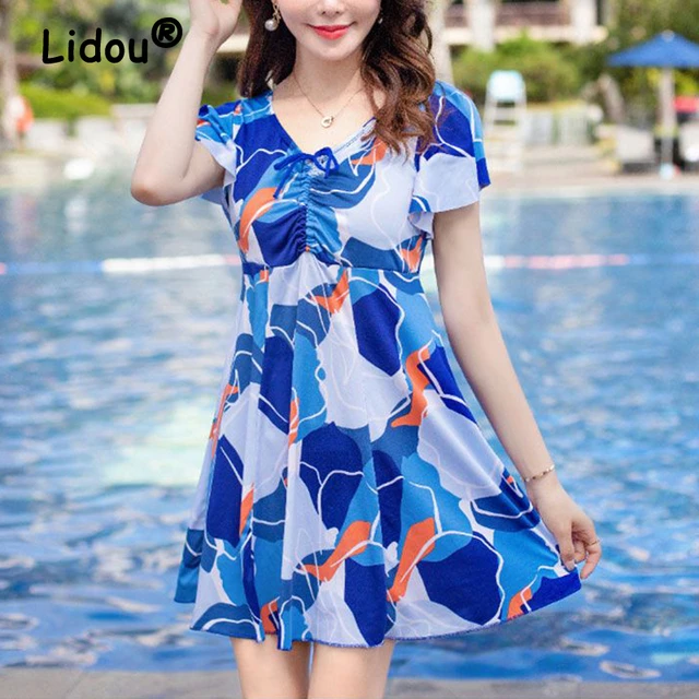 Two Piece Swimsuit for Women Summer Fashion Print V Neck Short Sleeve Beach Mini Dress Swimwear High Waist Lace Up Bathing Suits AliExpress