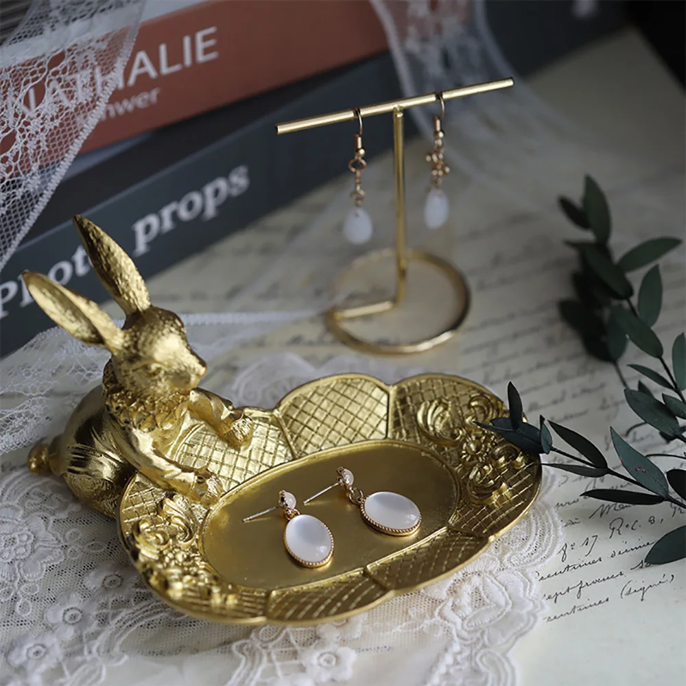 Cute Golden Bunny Figurine Jewelry Ring Tray Decorative Easter Rabbit Statue Resin Animal Sculpture Home Table Desk Ornament - view 2
