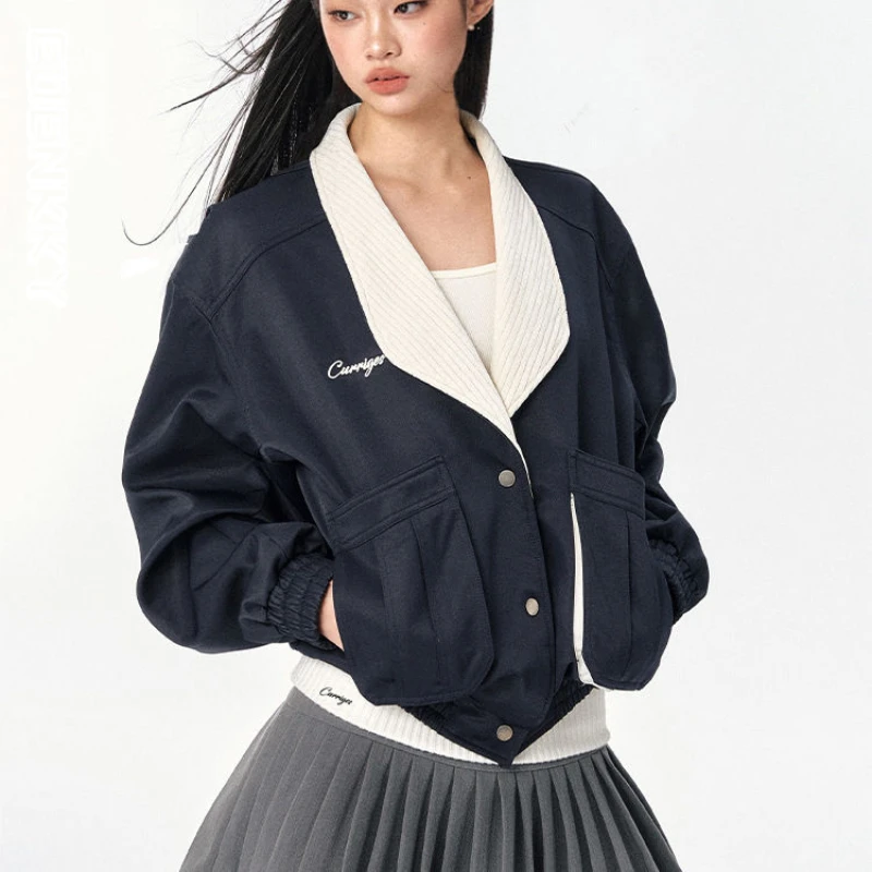 

American Retro Lapel Short Varsity Jacket Women Korea Harajuku Grunge Sweatshirts Spring Autumn Loose Casual Cropped Coats New