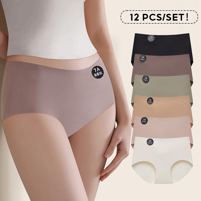 FallSweet 12Pcs Seamless Mulberry Silk Underwear Ultral Thin Women's Panties High Elastic Invisible Briefs Soft Lingerie M-2XL