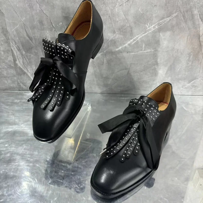 British Style Black Men Bowknot Loafers Shoes Luxury Genuine Leather Mens Tassel Shoes Dress Shoes Male Party And Wedding Shoes