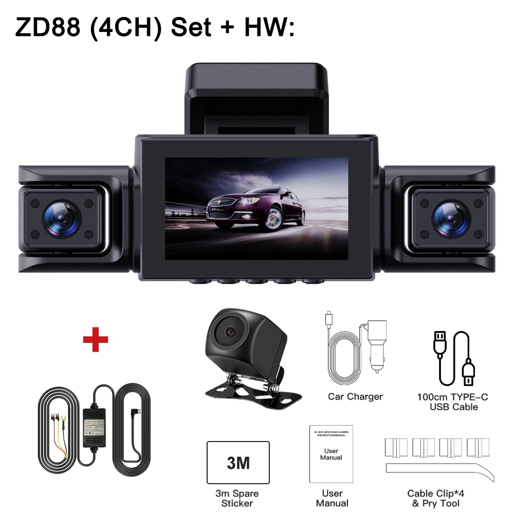 BEPOCAM 4CH Dash Cam 4K voor auto 360 °   Bekijk DVR-camera 24-uurs parkeermodus GPS WiFi- en APP-bediening Videorecorder Nachtzicht ZD88A