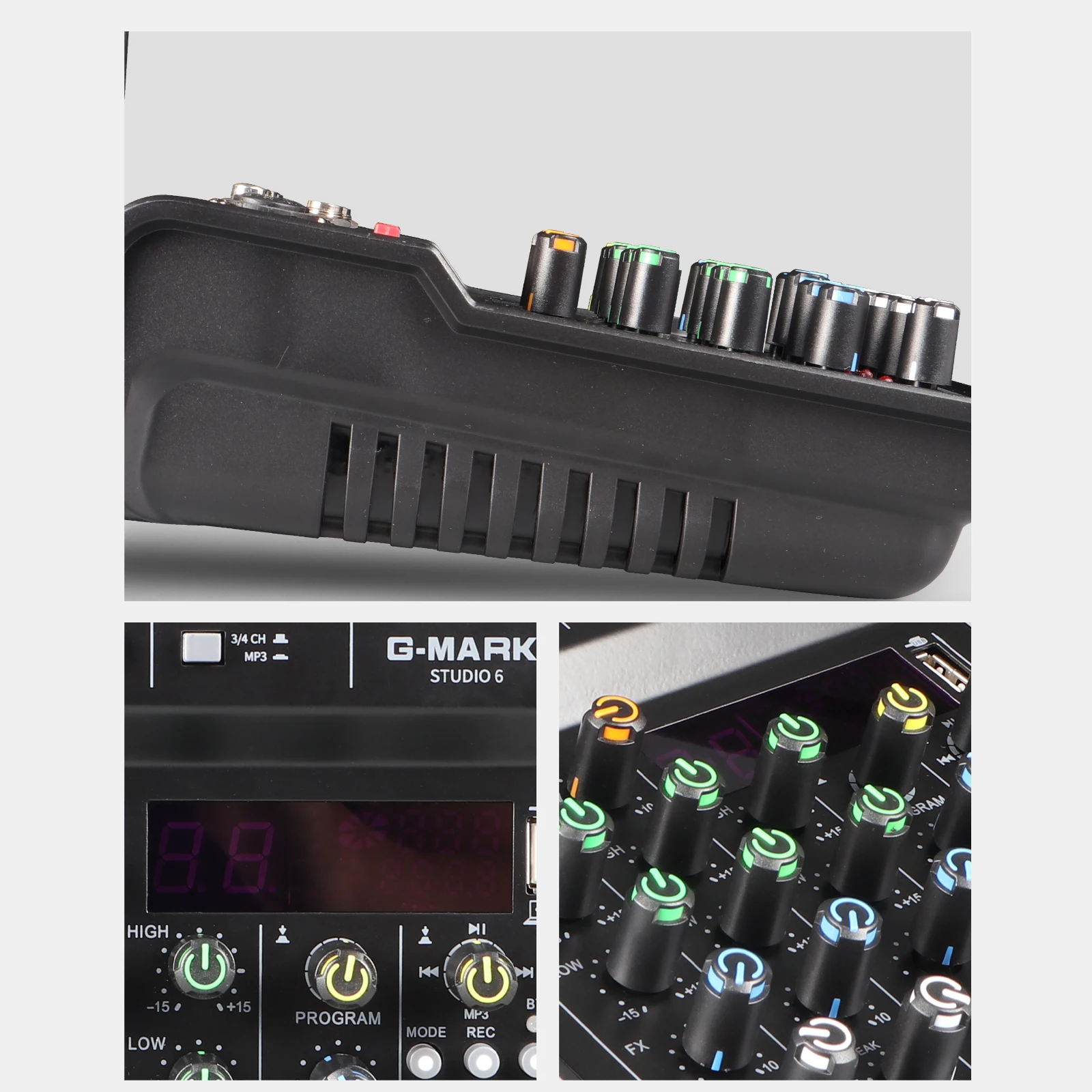 خلاط صوت محمول مع ميكروفون ، استوديو ، بلوتوث ، وحدة تحكم دي جي ، واجهة USB 48 فولت ، ألواح خلط للبث المباشر ، 6