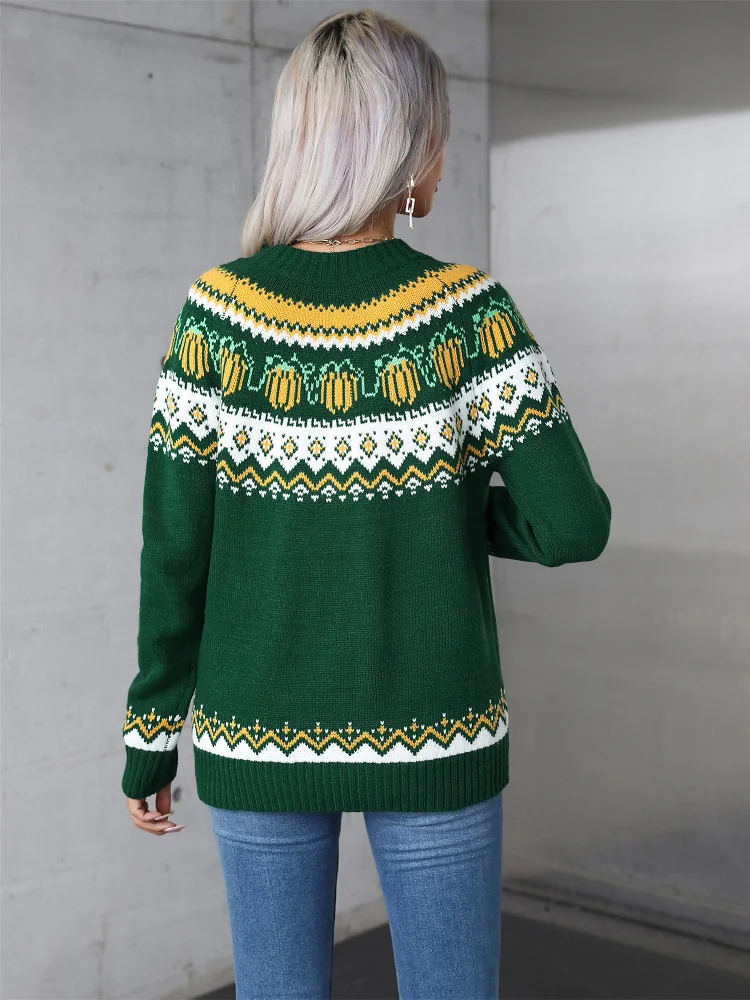 Vintage Printed Round Neck Knitted Sweater Women Elegant Long Sleeve Loose Warm Pullover 2024 New Autumn Lady Commute Streetwear