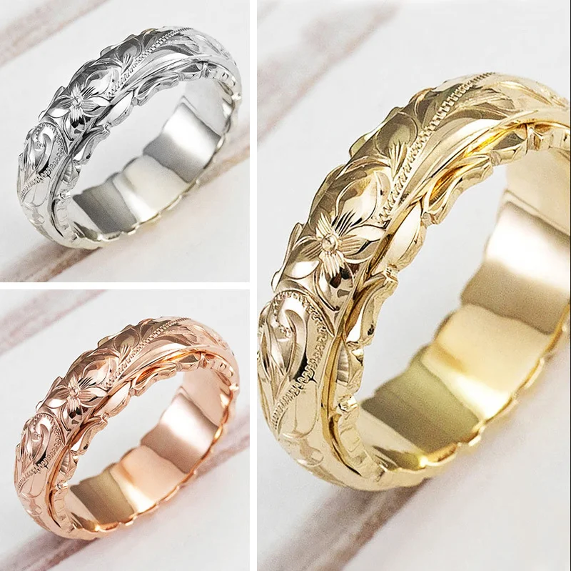 Gold plated floating carved rose flower rings, retro wedding anniversary gift ring for European and American women