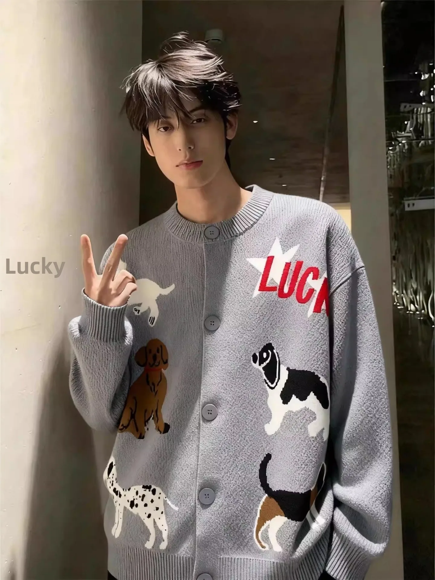 

ay Dog Embroidery Open Cardigan Sweater Men's Autumn Winter Knitted Waist-Cinching Korean Sle Couple's Faion Nostaic ...