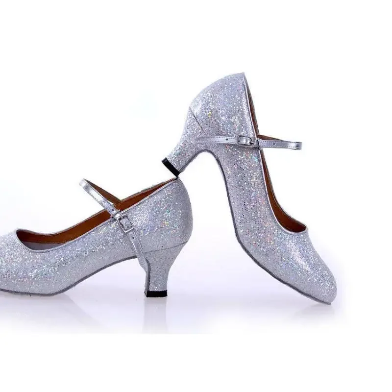 Brilhante ouro tira lantejoulas sapatos de dança latina feminino sapatos de dança de salto alto 5 / 7cm salão de baile tango dedo do pé fechado meninas