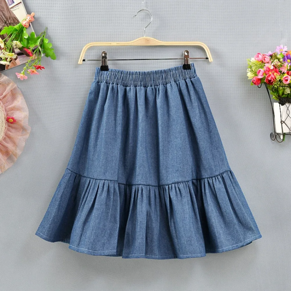 

Women's A-line Denim Mini Skirt Patchwork with Ruffled Elastic High Waist Large Hem Mini Skirt Summer Short Skirt