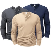 Camiseta de manga larga con cuello Henley para hombre, camisa ajustada por el trasero, camisetas de Fitness, camisetas informales acogedoras con cuello de botón