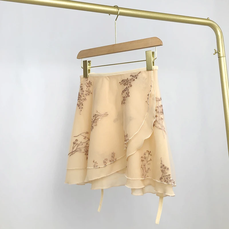 バレエスカート-ダンス衣装-レディース-刺繍入りネットガウン-二重層-パフォーマンス-ハーフスカート-ワンピース-バレエドレス