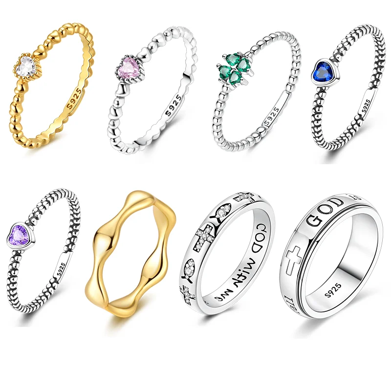 

Original 925 Silver Ring Dewdrop Heart Four Leaf Clover Cross Rings For Women Girls Jewelry Birthday Anniversary Engagement Gift
