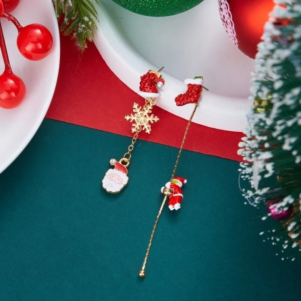 Asymmetric Design Christmas Dangle Earrings Zircon Star Enamel Snowman Drop Earrings For Women Bell Tassel Moving Santa Claus
