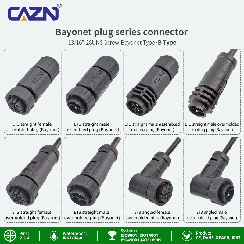 E13 Threaded Assembly Plug Assembled Field Straight Mating IP68 2 3 4 Pin B Code Male Female for Sensor Actuator Cable