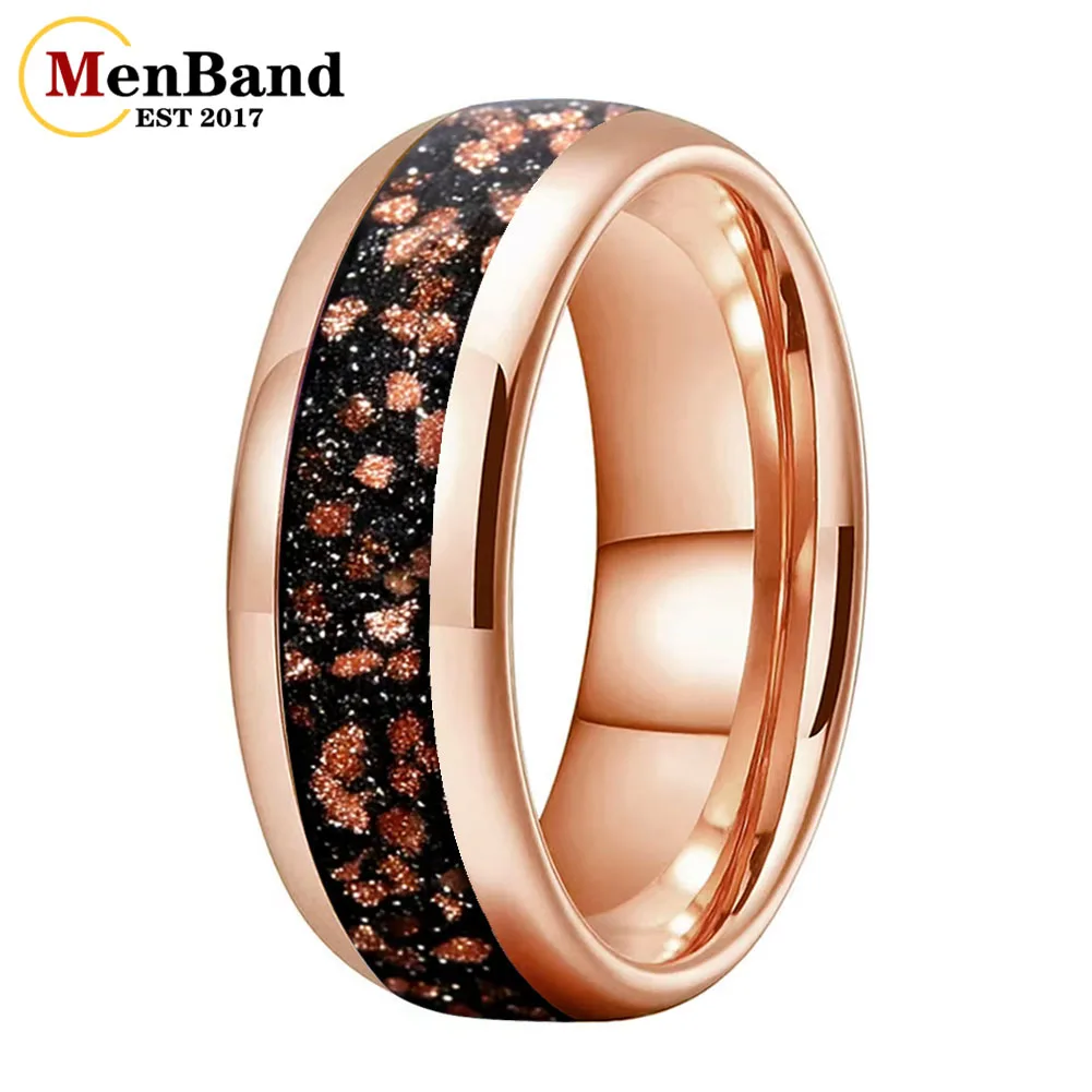 Fashion 4/6/8mm Rose Gold Tungsten Carbide Ring Red Goldstone Nebula Inlay,Comfort Fit Wedding Band Fashion Engagement Jewelry