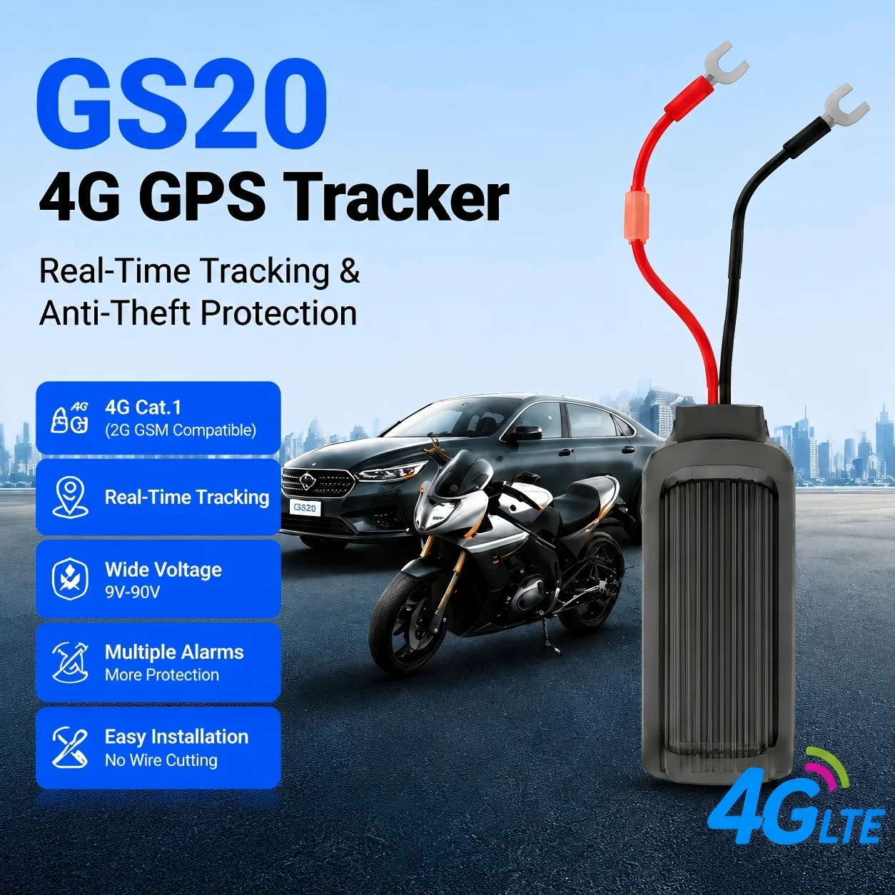 GPS-трекер для транспортных средств 4G, проводная система защиты от угона, отслеживание в реальном времени, сигнализация с геозоной, широкий диапазон напряжения 9-90В