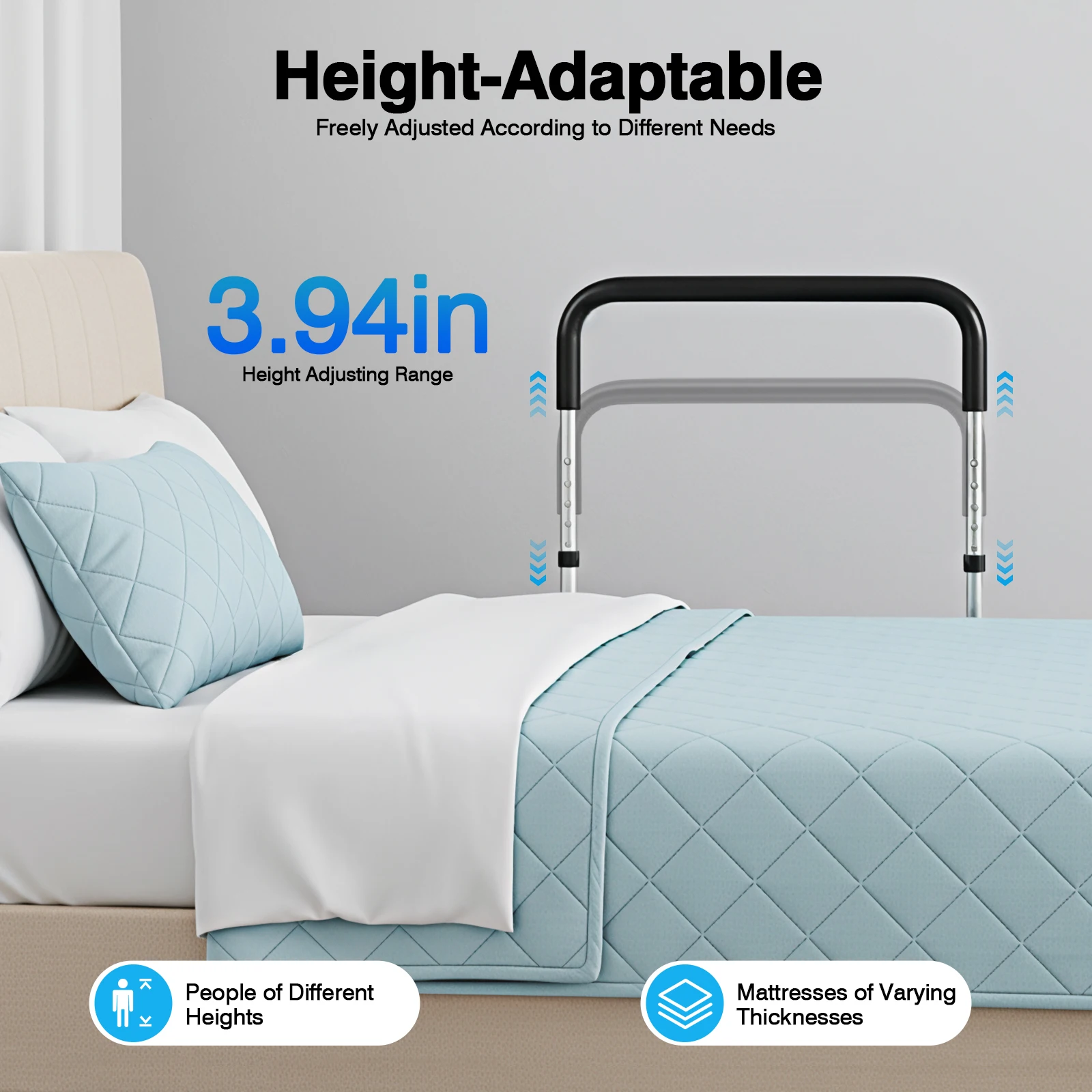 سكة أمان بجانب السرير بارتفاع قابل للتعديل، شريط مساعدة لكبار السن بسعة 300 رطل لمنع السقوط للعناية المنزلية والانتعاش