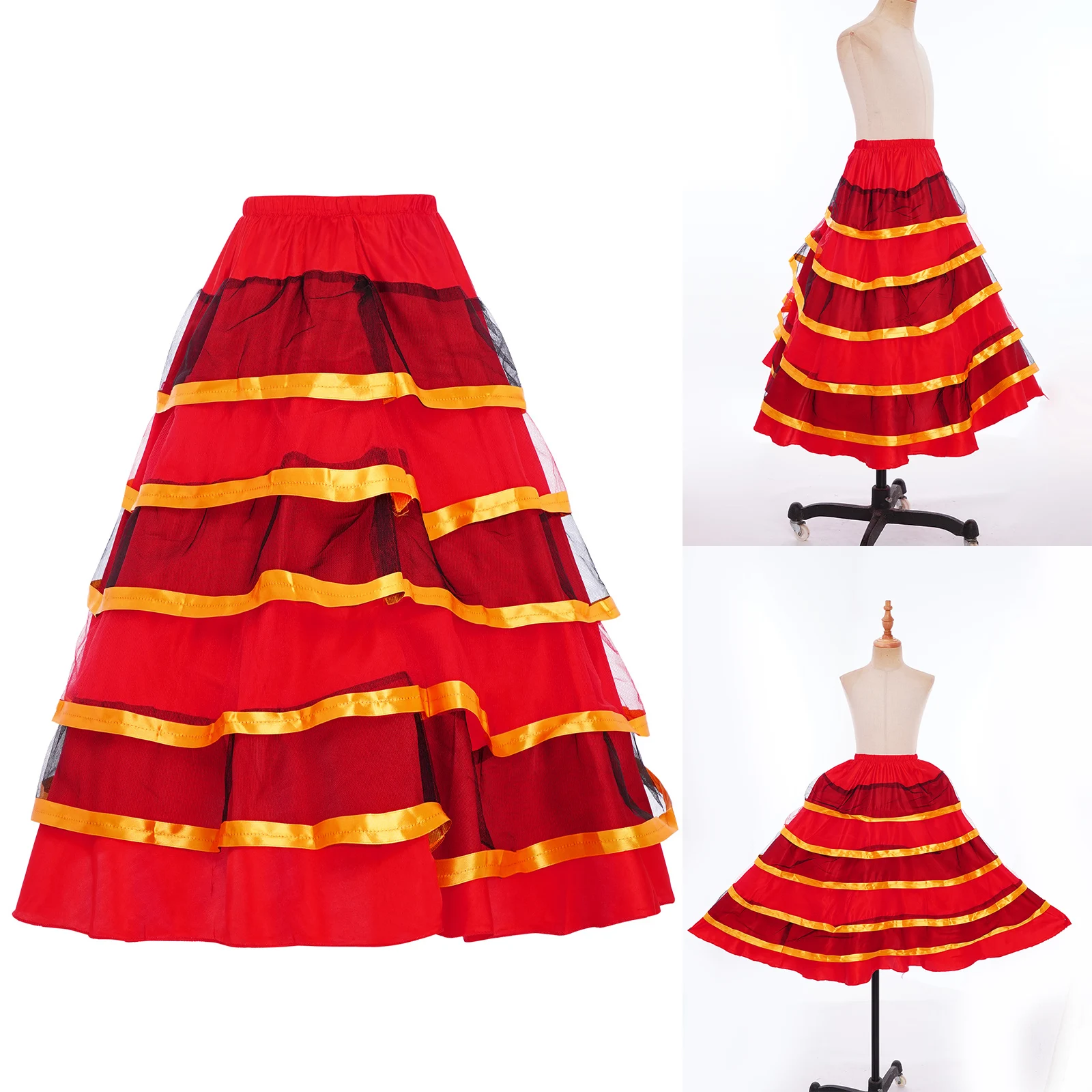 Gonna da bambina con orlo largo a 180 gradi Gonna da ballo di flamenco spagnolo Costume da spettacolo di danza con volant a strati Gonne da flamenco