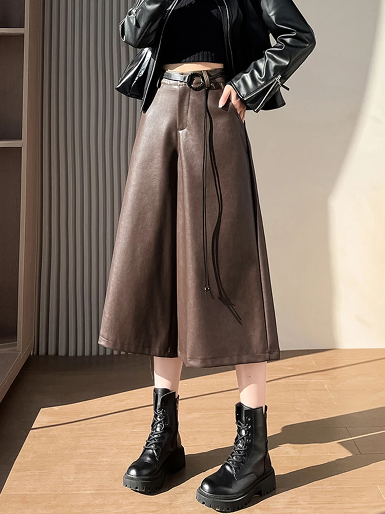 Hoge taille PU lederen wijde pijpen broek dames losse casual broek met zeven voet lengte herfst winter nieuw asymmetrisch reflecterend...