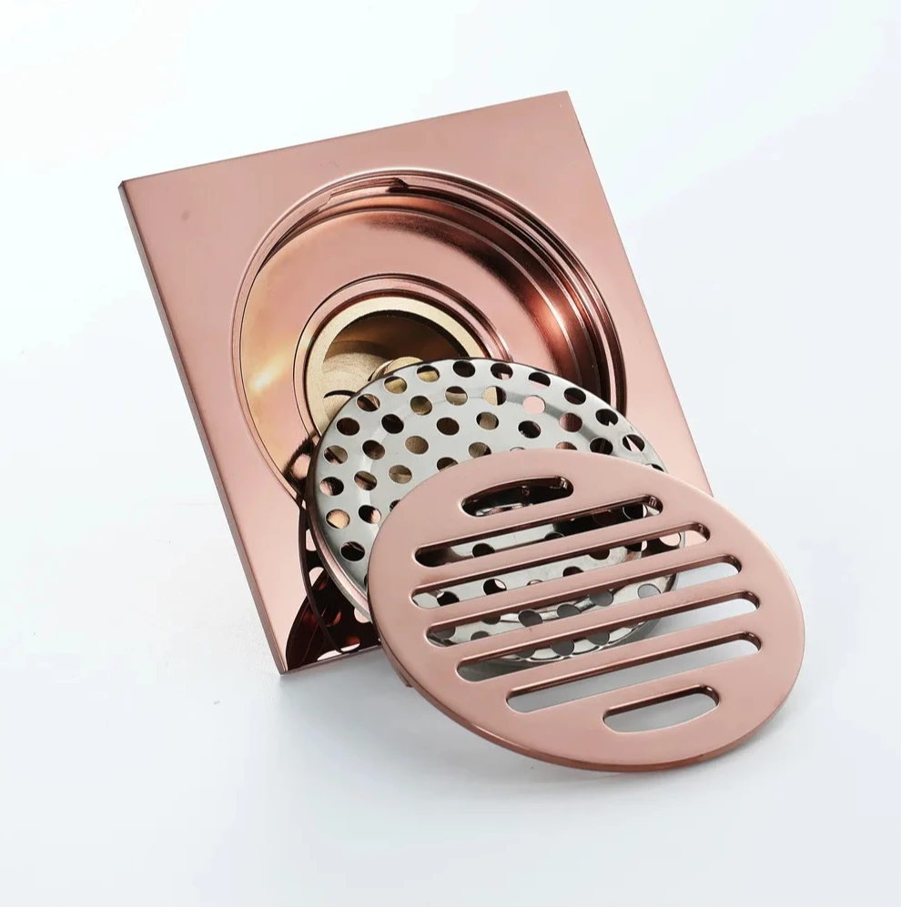 Tuqiu Floor Drains Rose Gold Brass Shower Floor Drain Bathroom Deodorant Euro Square Floor Drain Strainer Cover Grate Waste