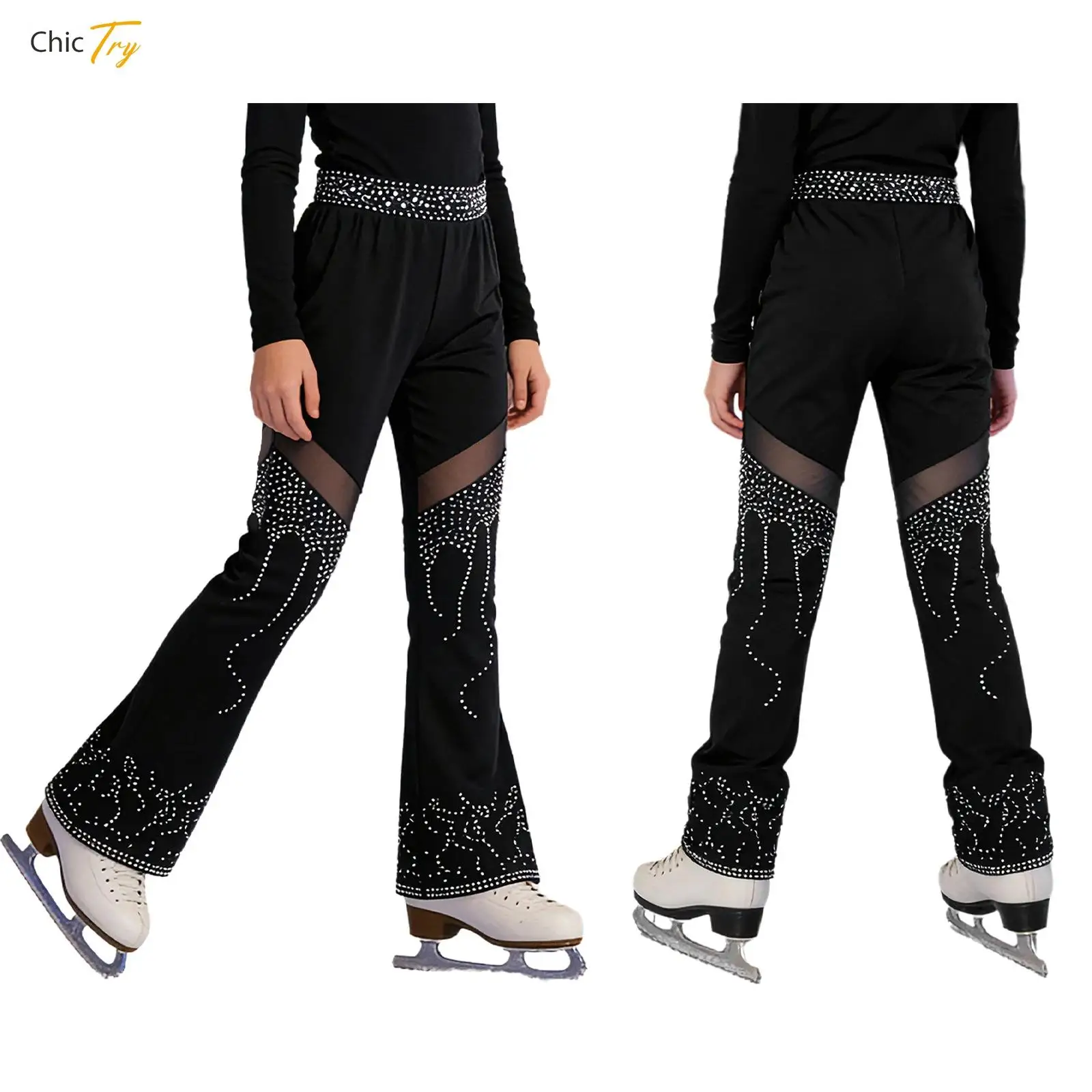 

Girls Figure Ice Skating Pants Thin Fleece Lined Leggings Elastic Waistband Mesh Rhinestones Ballet Gymnastics Practice Trousers