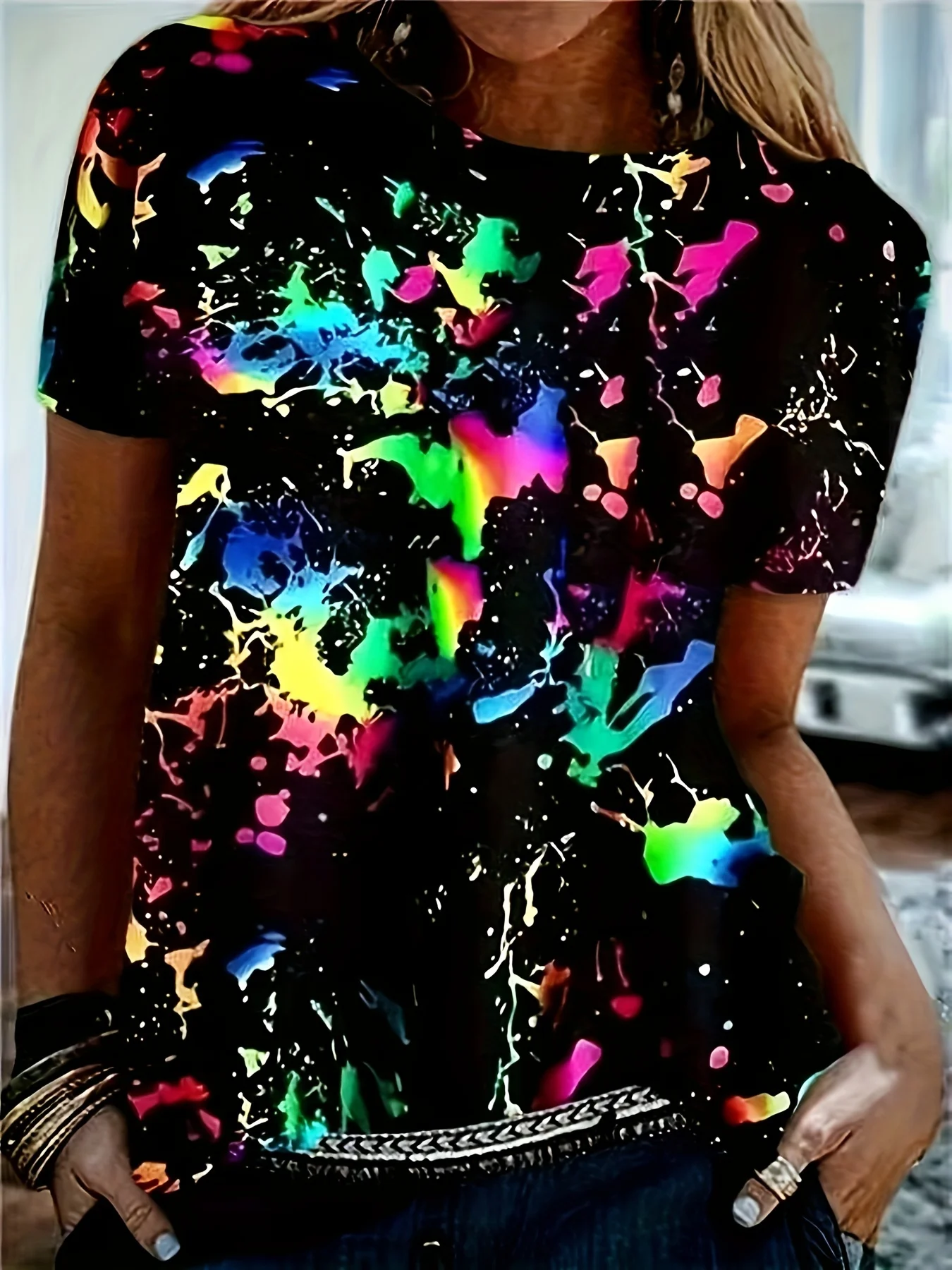 Women Short Sleeve T‑Shirt Colorful Splash Ink Print Crew Neck Loose Summer Casual Daily Wear Tops