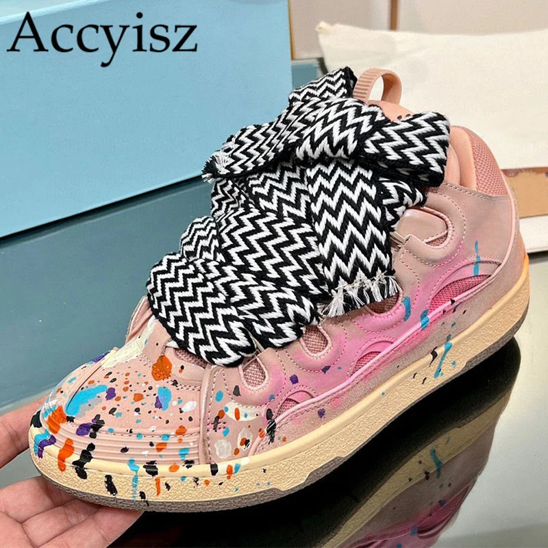 

Spring Flat Thick Sole Casual Shoes Paintings Graffiti Mixed Color Lace Up Breathable Sneakers Vacation Walking Shoes Unisex