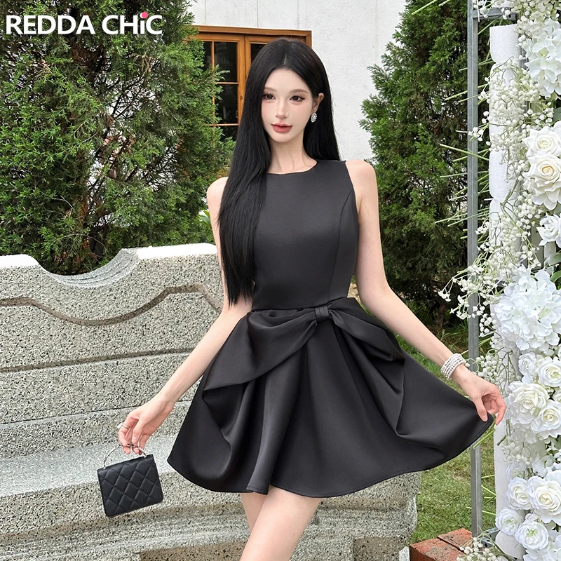 ReddaChic Satin Short Party Dress Women Wedding Guest Bow Sleeveless Pleat Slim O-neck Mini Tank Party Gown Homecoming Costume