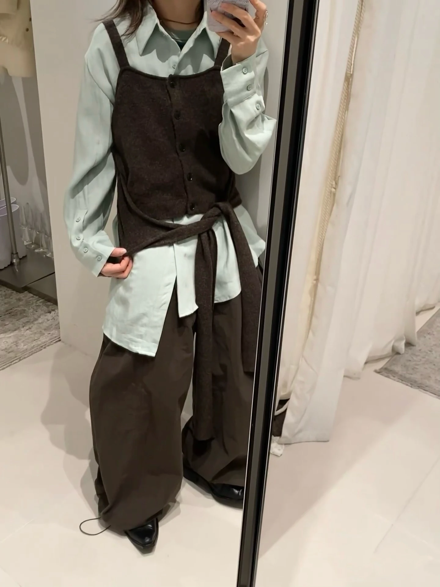 

Korean Sle Artistic Mixed Media Knitted Wrap Belted Top Layering Trendy Faion Women's Straight Tube Knitwear