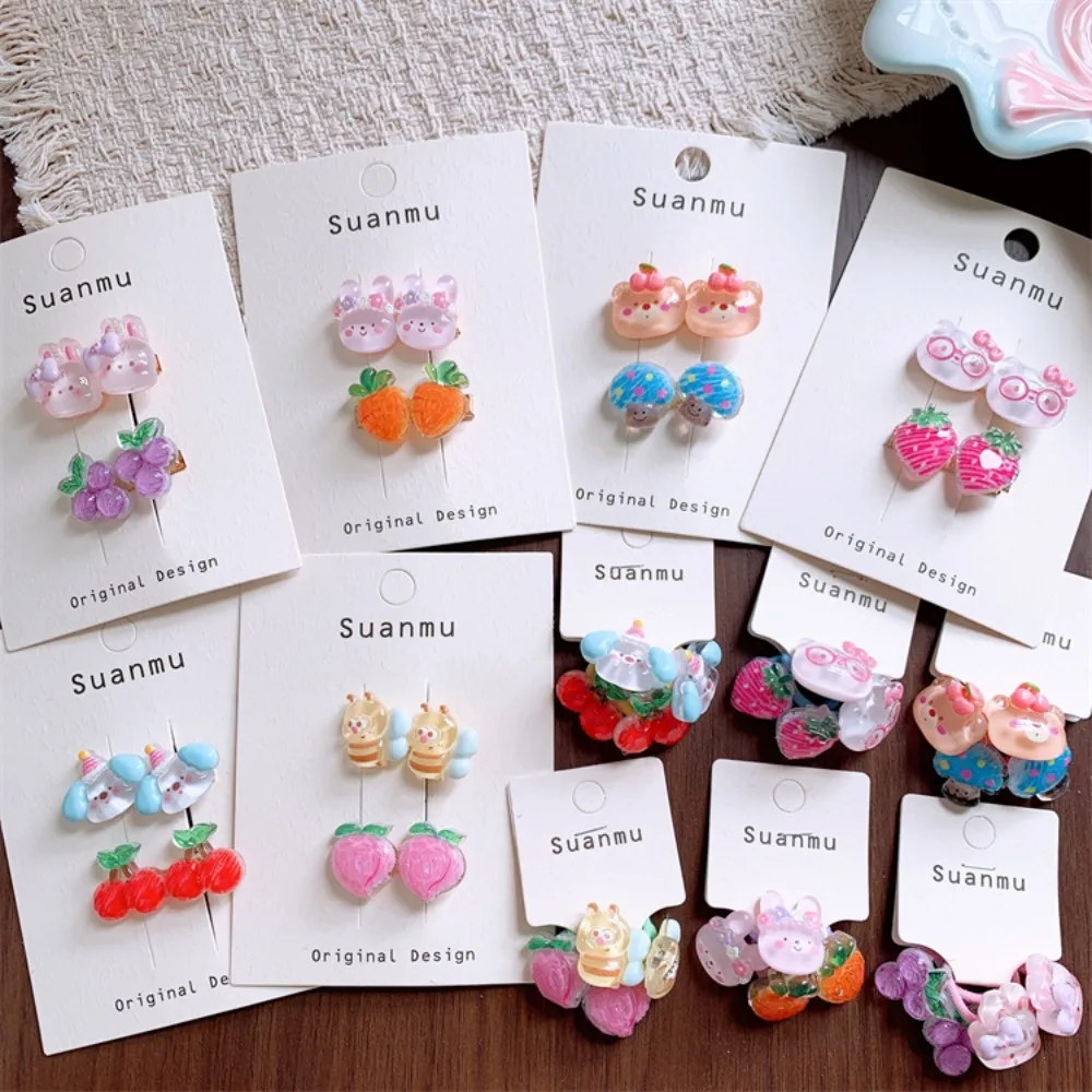 Children's Cute Cartoon Rabbit Cat Hairpin Baby Small Hair Rope Tie Fruits Elastic Hair Band Ponytail Headband Hair Accessories