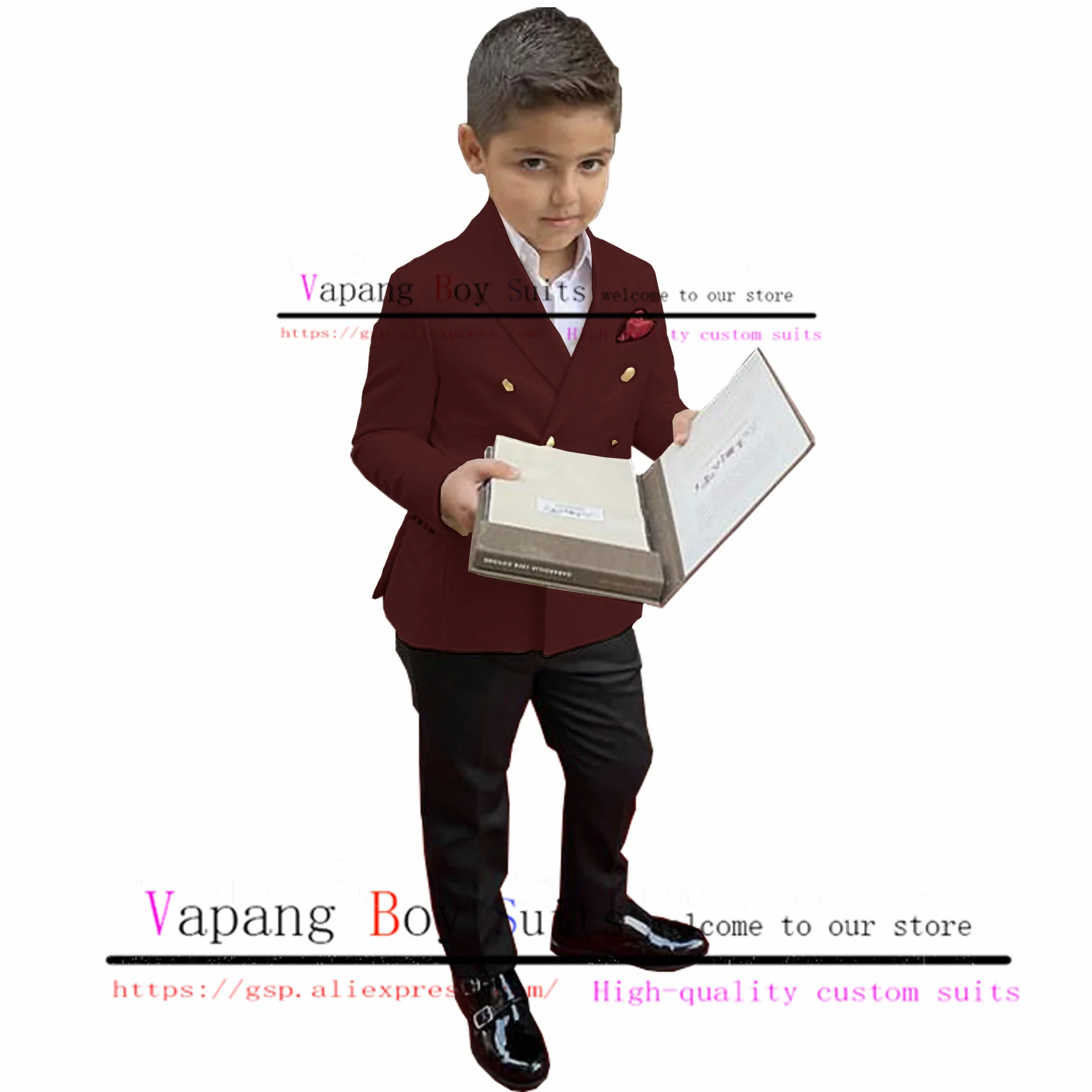 Burgundy Boys Suit Double Breasted Jacket Pants 2 Pieces Wedding Fashion Tuxedo for Kids Formal Blazer Set