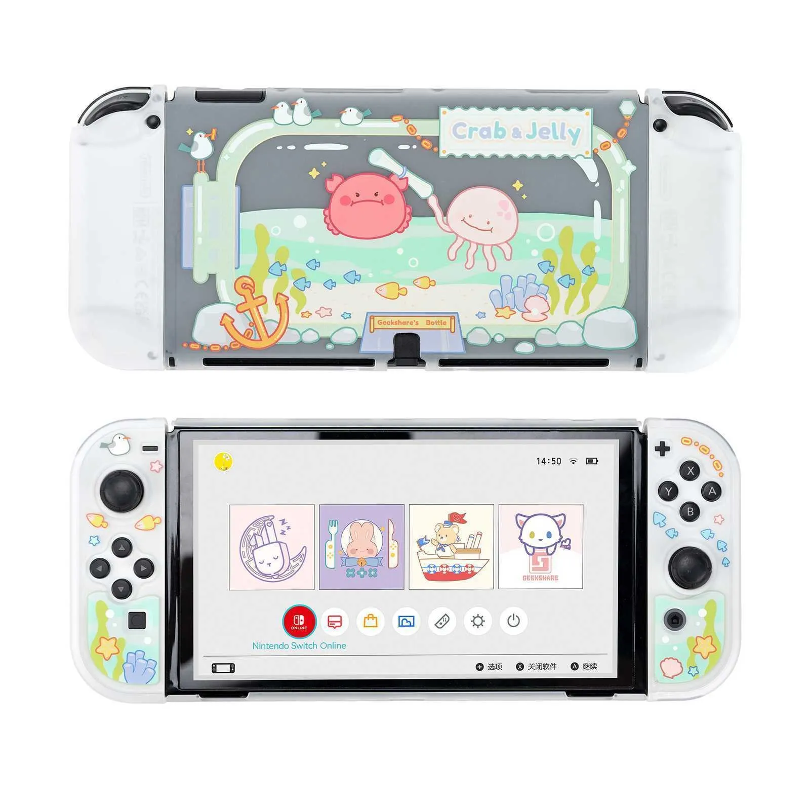 GeekShare-funda protectora de cangrejo y gelatina para Nintendo Switch, carcasa de JoyCon con temática Animal OLED, 4 tapas de agarre para el pulgar de piezas