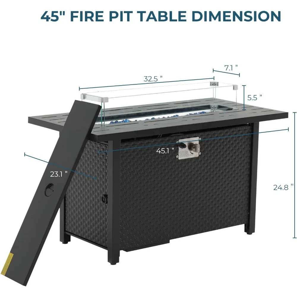 45 Inch Fire Pit Table with Steel Tabletop, Glass Wind Guard, Blue Glass Stone, Waterproof Cover, Square Propane Fire Pit Table