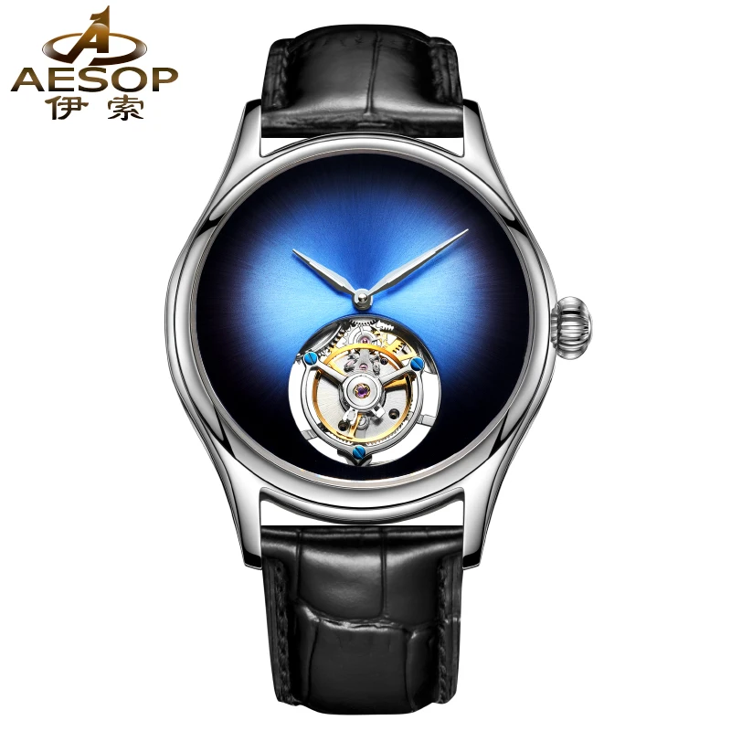 Aesop Design Mens Watch Real Flying Tourbillon Simple Dial Sapphire Mechanical Leather Strap Business Luxury Watch For Men 7009