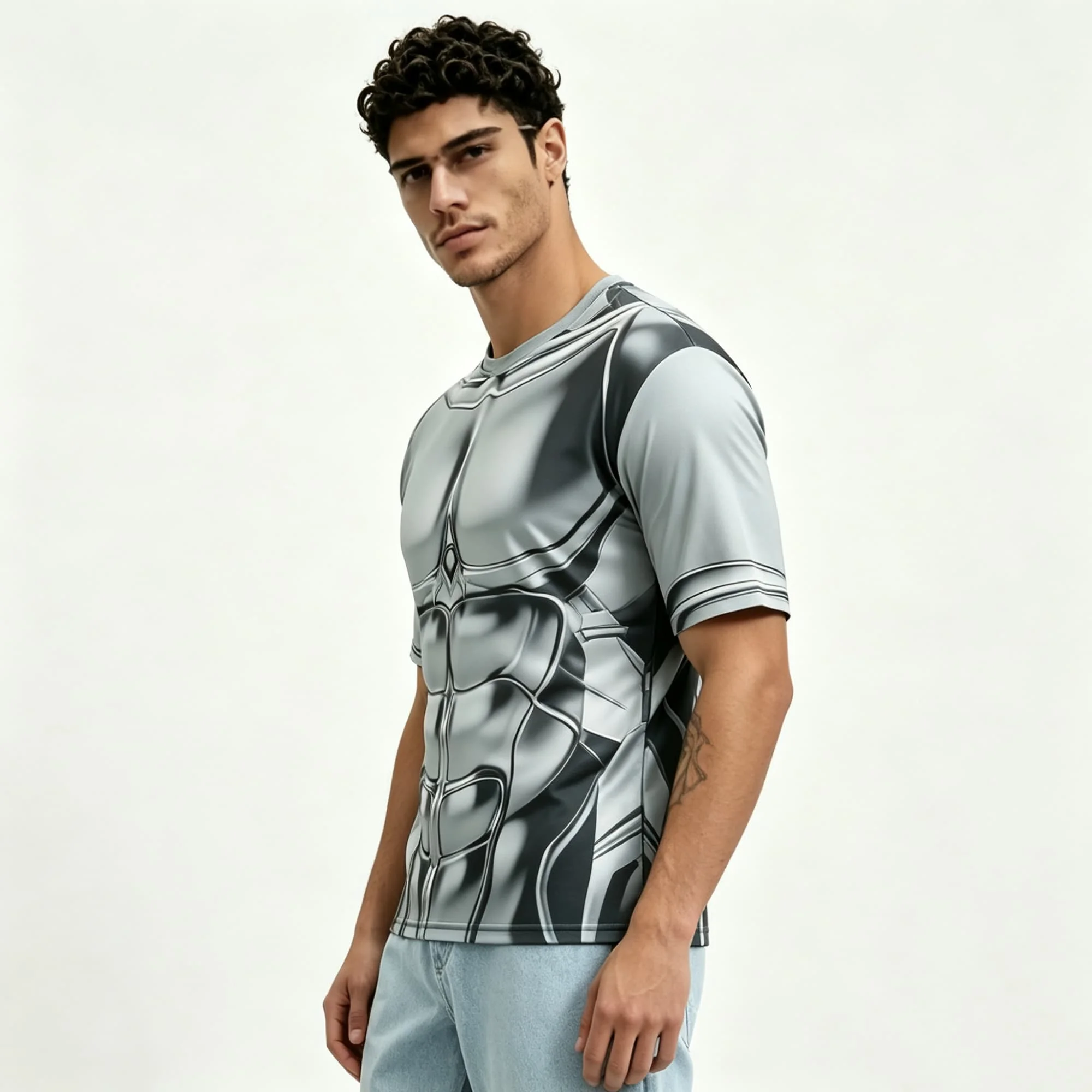 Novelty Fake Metal Muscle Armor T‑shirt Men 3D Optical Illusion Print Crew Neck Short Sleeve For Party Cosplay