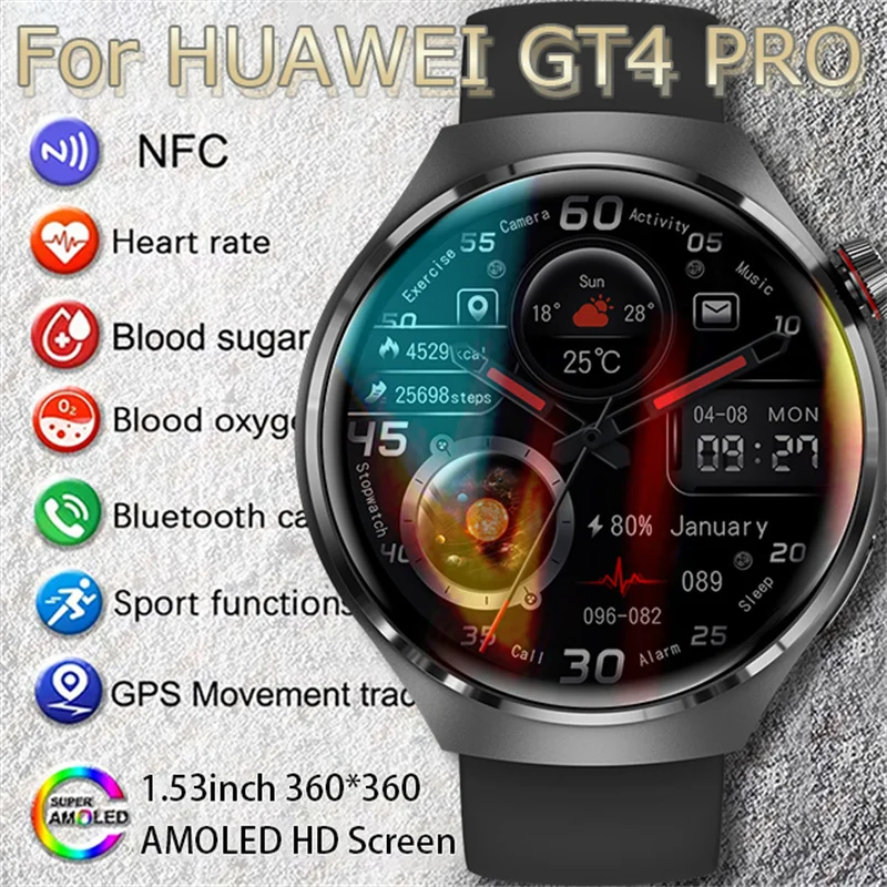 

Для Huawei GT4 Смарт-часы для мужчин 2024 Новые часы 4 Pro AMOLED HD Экран Bluetooth Вызов NFC Мониторинг здоровья GPS-трекер Смарт-часы