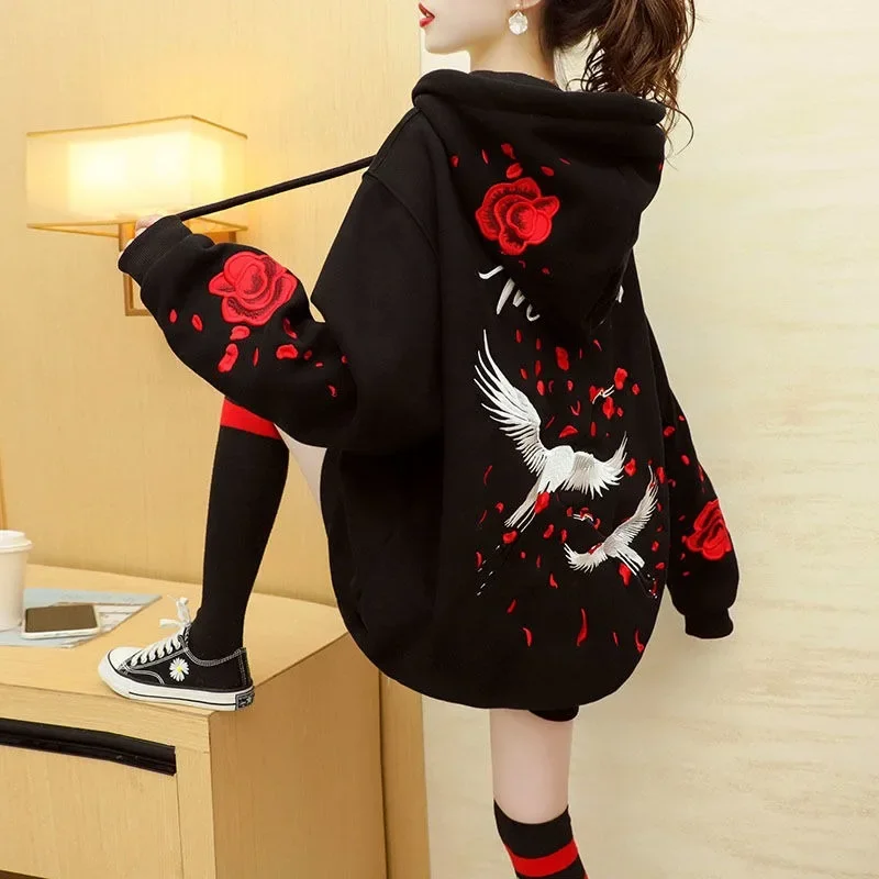 Women Hoodies Chinese Style Embroidery Sweatshirts White Crane and Flower Embroidery Hoodies Sweatshirts New Fashion East Style