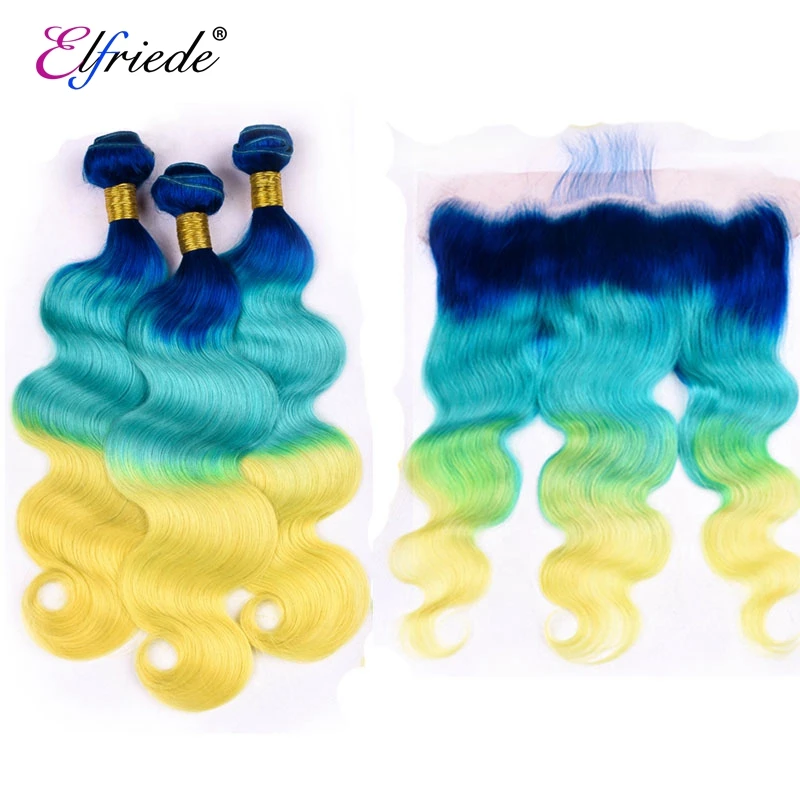 Elfriede Blue/Green/Yellow Body Wave Ombre Colored 3 Bundles with Lace Frontal 13x4 100% Remy Human Hair Bundles with Frontal