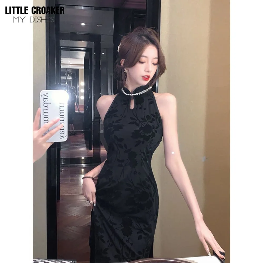 Hepburn Flocking Senior Cheongsam Elegant Summer Long Chinese Slim Sleeveless Little Black Dress Huge Thin Light Mature Dress