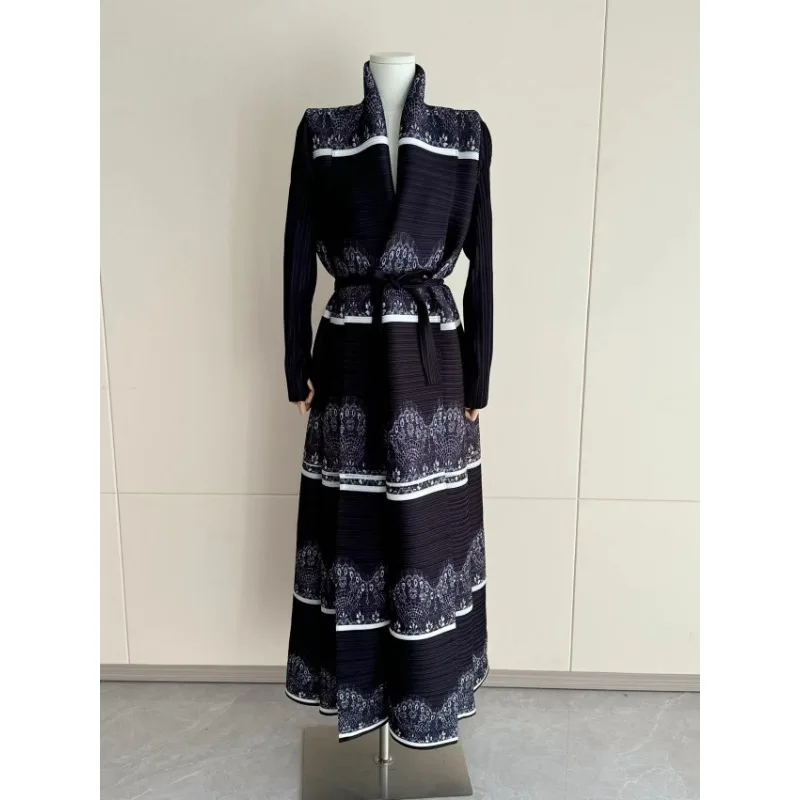 Miyake Pleated Long Coat Muslim Abaya Fashion Women Loose Black Printed Cardigan Full Sleeve Tie Robe