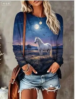 Women Long Sleeve T‑Shirt Black Horse Full Moon Wilderness Sunset Landscape Print Crew Neck Loose Casual Tops