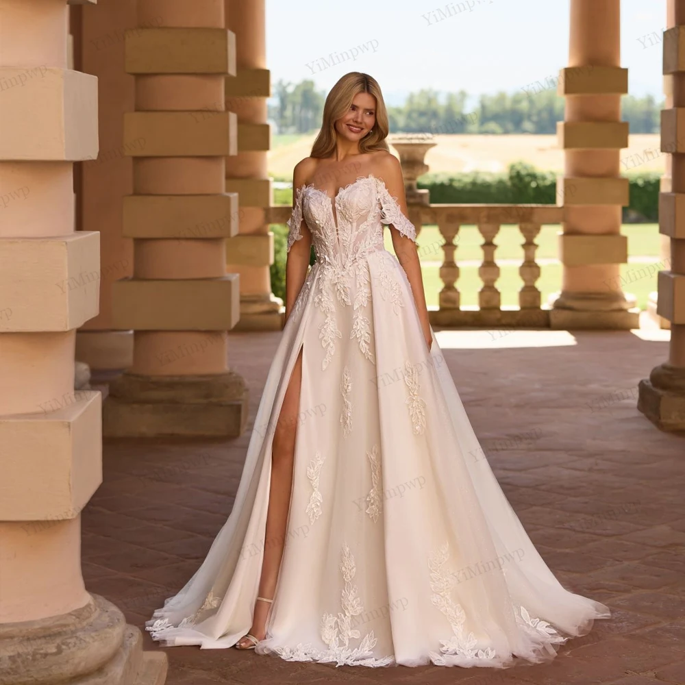 

Off Shoulder Boho Wedding Dress For Bride Backless Applique Side Split Lace Elegant Sweetheart vestidos de novias Customized