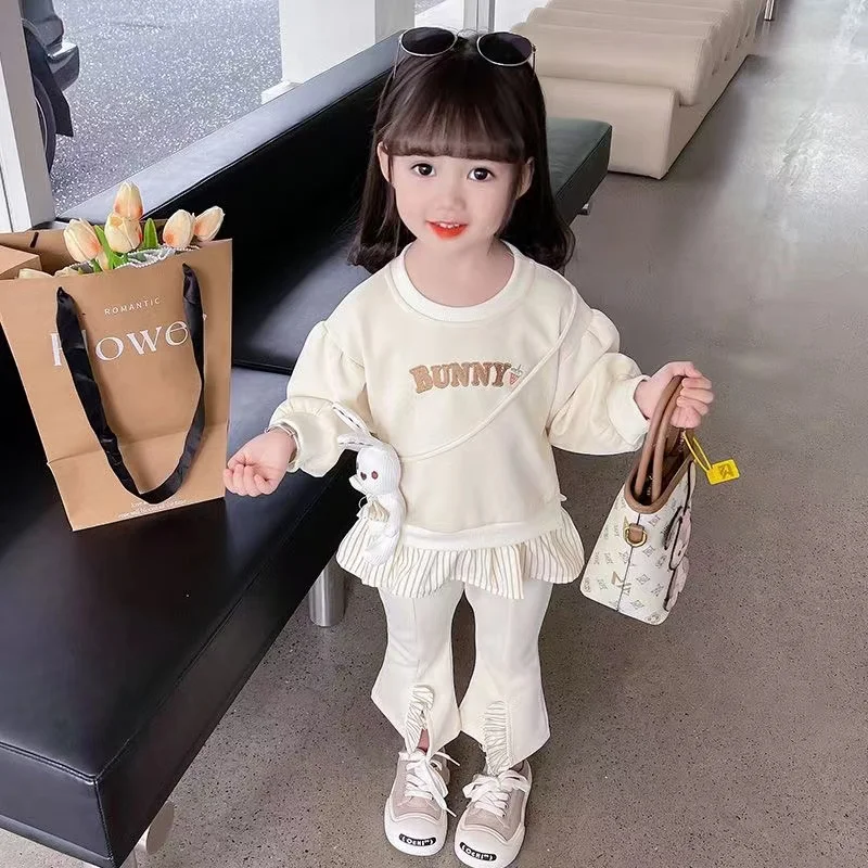 Girls\' Spring and Autumn Fashion Western Long sleeved Set New Little Girl Pure Cotton Sweater Flare Pants Casual Two Piece Set