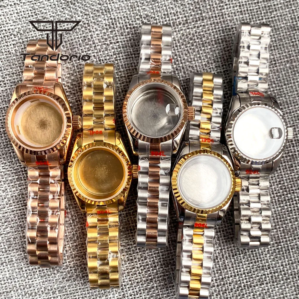 26mm Rose Gold/Golden/Silver Watch Case with Bracelet for Lady Women Wristwatch Sapphire Glass Fit NH05 NH06 Automatic Movement